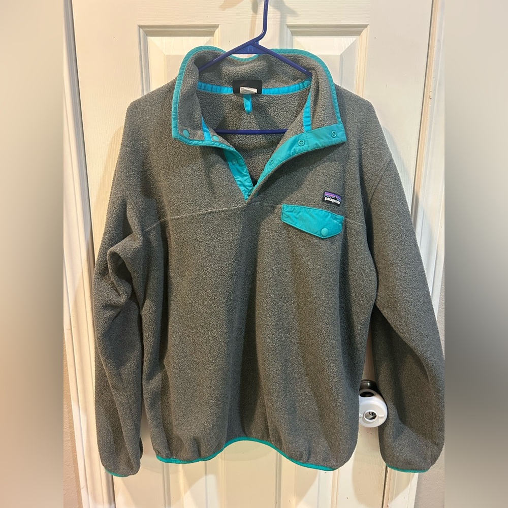 Patagonia Synchilla Fleece Gray Blue Snap 1/4 Front Pullover Women's Size XL